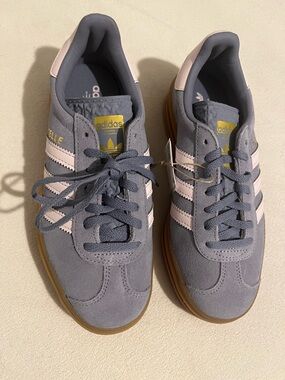 adidas Suede Sneakers in Slate Blue with Light Pink Stripes